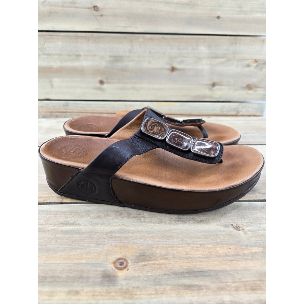FitFlop Pietra Brown Leather Resin Stone Thong Sandals 399-167 Womens 9 EU 41